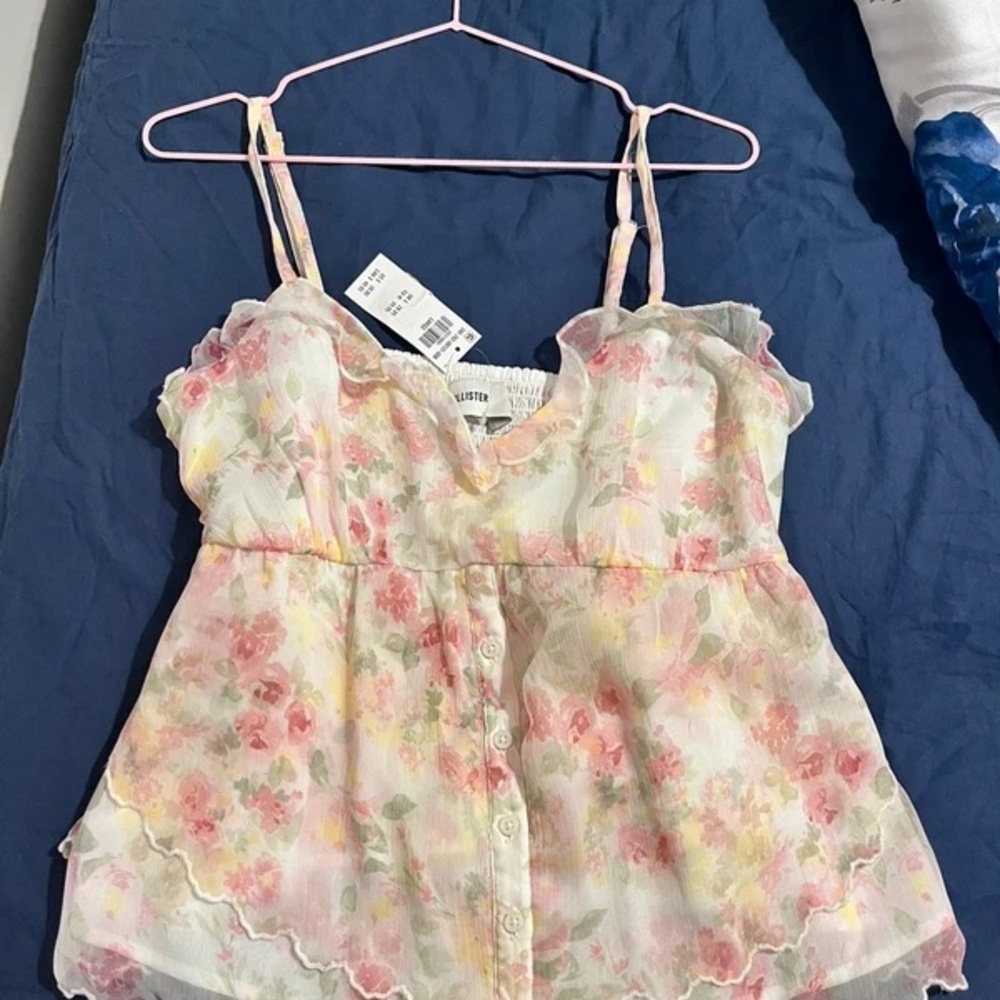 Hollister Floral Pink Yellow Green Sheer Spaghetti-Strap Top